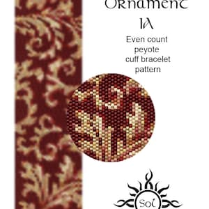 May include: A beading pattern for an Autumn Ornament cuff bracelet. The pattern is an even count peyote stitch and features a red, gold, and white colour scheme. The pattern is designed by Sol.