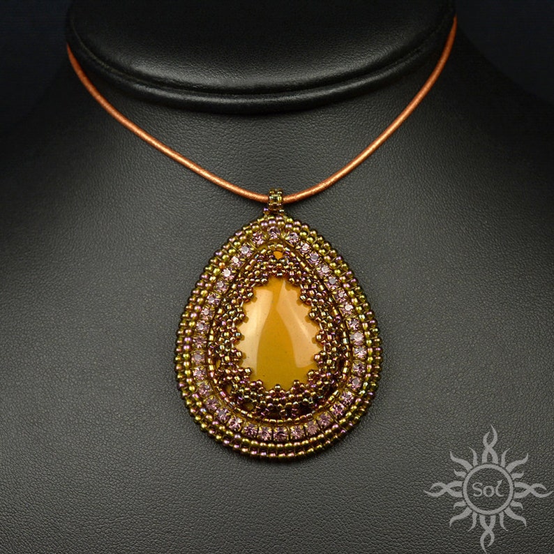 NIDHI embroidered amber mookaite teardrop pendant on leather strap romantic, unique, summer pendant, OOAK, filigree, autumn, handmade image 3