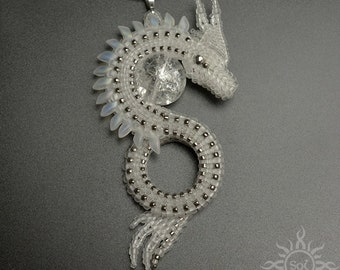 YSSARTH - matte transparent silver dragon pendant with toho and miyuki seeds and clear quartz ball; unique gift, original, handmade, fantasy