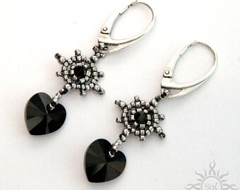 Beadwoven black silver heart earrings with Swarovski crystals; valentine's day, unique handmade, original, handmade jewelry, handmade gift