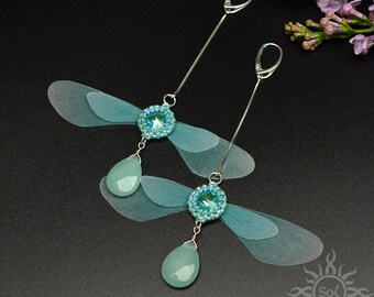 TITANIA - mint silver beadwoven earrings with toho and miyuki seeds, Swarovski crystals and organza wings; handcrafted, romantic, fairy