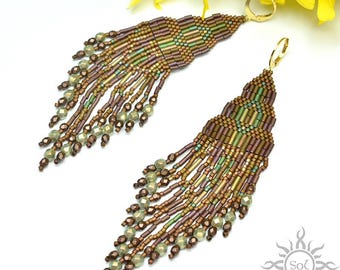 FOGHAR II - Pendientes tejidos con cuentas marrones, verdes y doradas – Estilo boho etnográfico, cuentas Toho y Miyuki