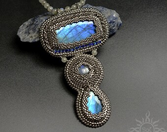 Vivino - embroidered silver blue pendant necklace with labradorites; elegant jewelry; handmade; handcrafted; OOAK