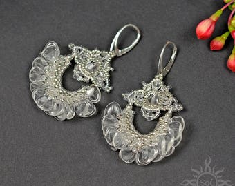 SADI - transparent silver dangle wedding beadwoven earrings with toho seeds on sterling silver posts; unique handmade, handcrafted