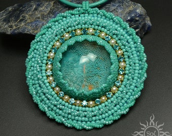 VELLAM - embroidered turquoise resin medallion on leather strap; handmade, mandala, OOAK, filigree, summer, beach, boho, ocean, sea