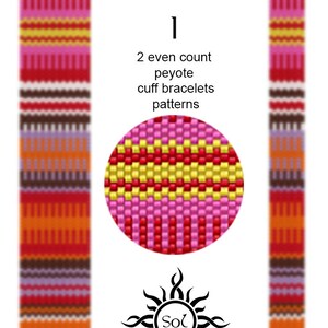 May include: Two even count peyote cuff bracelet patterns, one with a red, yellow, and pink color scheme and the other with a brown, orange, red, and purple color scheme. The patterns are shown in a graphic illustration with the word "MAASAI" and the number "1" above the patterns.