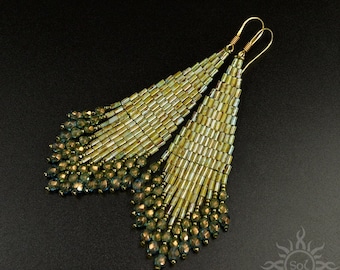 ZAYTUN- marbled olive dangle beadwoven fringes earrings with toho seeds and fire polish crystals on 24k gold plated sterling silver earwires