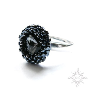 SILVER NIGHT - graphite hematite beaded ring with toho and miyuki seeds and Swarovski crystal on sterling silver band
