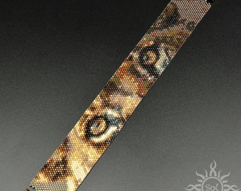 Eyes Of The Lioness I - thin long version; peyote cuff beadwoven bracelet; unique handmade, summer, unisex, african, ethno, jungle style