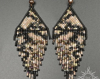 SNAKE SKIN - black beige dangle beadwoven fringes earrings with toho and miyuki delica seeds on 18k rose gold plated sterling silver studs