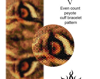 Eyes of the Lioness V - even peyote cuff beaded bracelet pattern; tutorial, pdf file, animal, lion, african, ethno, jungle style, unisex