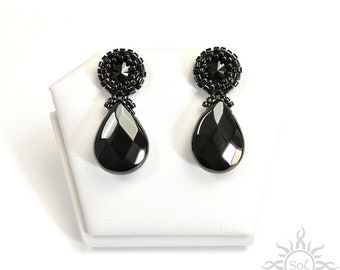 KOL III - beadwoven black earrings with Swarovski and faceted onyx on sterling silver earring posts; unique handmade, original