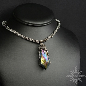VOIMA - old silver rainbow elvish beadwoven necklace with aura quartz and hematite; unique; OOAK; romantic jewelry; handmade; handcrafted