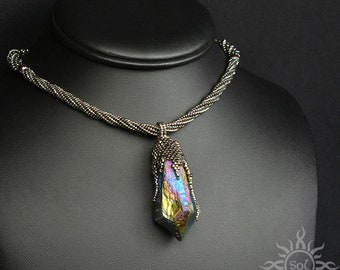 VOIMA - old silver rainbow elvish beadwoven necklace with aura quartz and hematite; unique; OOAK; romantic jewelry; handmade; handcrafted