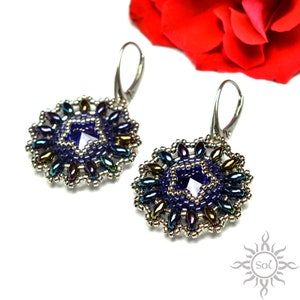 REALTACH beadwoven midnight blue old silver mandala earrings with swarovski crystals cosmos, galaxy, space, star, romantic, handcrafted image 1