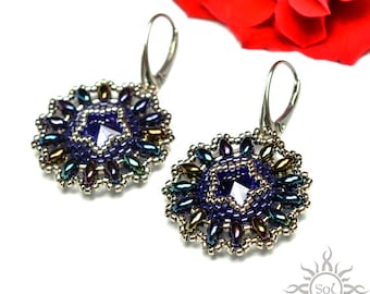 REALTACH - beadwoven midnight blue old silver mandala earrings with swarovski crystals; cosmos, galaxy, space, star, romantic, handcrafted