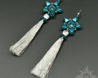 BERMUDA BLUE STARS - beadwoven teal silver earrings with tassels on sterling silver posts; evening earrings, elegant; winter, tassels