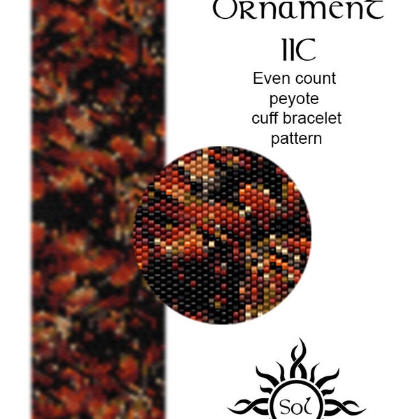 Autumn Ornament IIc - even peyote cuff beaded bracelet pattern; tutorial, pdf file, autumn jewelry, fall, fractal, baroque peyote, black