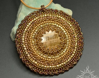 ESCUDO - embroidered amber gold aragonite medallion on leather strap; handmade; mandala, romantic, OOAK, filigree, summer, autumn, sun