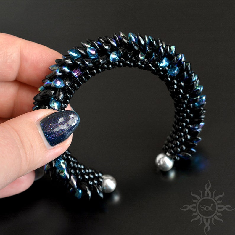 DERVEN black blue dragon scales cuff bracelet with toho and miyuki seeds unique gift, original, handmade jewelry, fantasy image 3