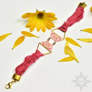 VASAROS - roze gouden boho armband met toho en miyuki zaden en handgeverfd zijdelint; unieke handgemaakte, originele, boho, zijden armband