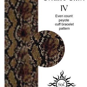 May include: A beaded bracelet pattern featuring a snake skin design. The pattern is called "Snake Skin IV" and is an even count peyote cuff bracelet pattern. The pattern is shown in a close-up view and a full view. The pattern is designed by Sol.