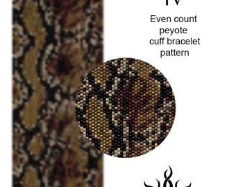 SNAKE SKIN IV - even peyote cuff beaded bracelet pattern; tutorial, pdf, miyuki delica, animal print, python, african, reptile, unisex