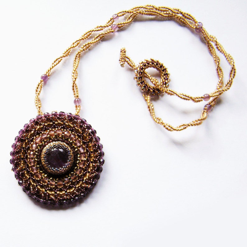 Rāni purple gold embroidered pendant necklace with amethyst and fire polish crystals unique handmade, original, handmade jewelry image 2