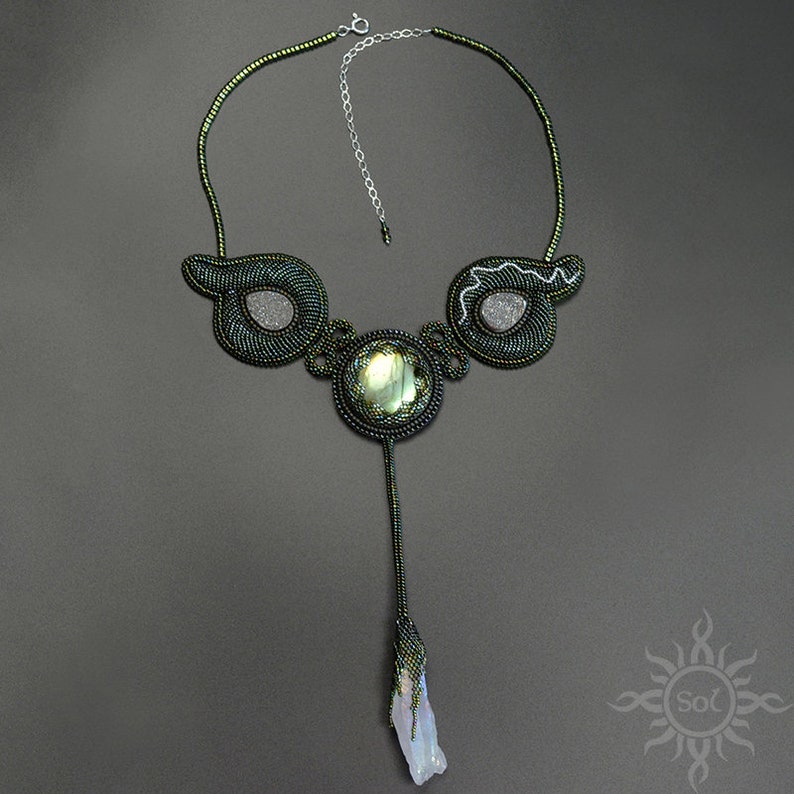 DRUID JEWEL green elvish embroidered necklace with labradorite, aura quartz and hematite beadwork unique OOAK free shipping image 4