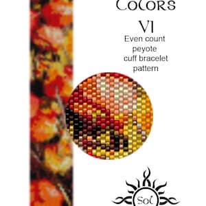 Op de afbeelding: Een kralenpatroon voor een armband genaamd "Autumn Colors VI". Het patroon is een even aantal peyote-steken en heeft een kleurenpalet van oranje, rood, geel en zwart.