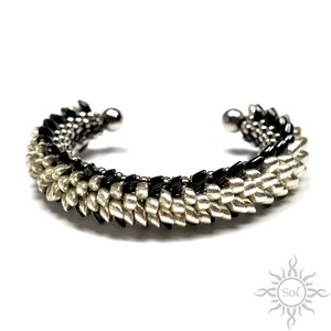 AVNESS - old silver black dragon scales cuff bracelet with toho and miyuki seeds; unique gift, original, handmade jewelry, fantasy