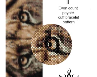 Eyes of the Lioness II - even peyote cuff beaded bracelet pattern; tutorial, pdf file, animal, lion, african, ethno, jungle style, unisex