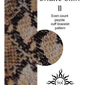 May include: Snake Skin II beading pattern for an even count peyote cuff bracelet. The pattern features a snake skin design in brown, black, and white.
