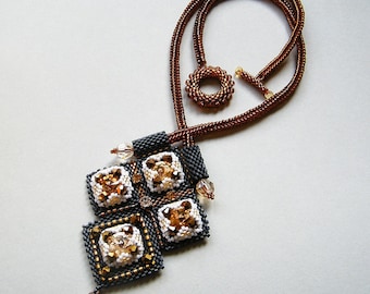 MITHA - brown gold hematite beaded pendant necklace with Swarovski crystals; unique handmade, original, OOAK handmade jewelry; geometric