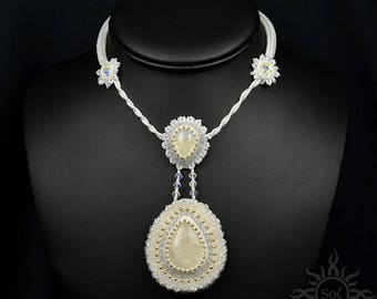 VERA - white gold iridescent bead embroidery wedding necklace with moonstones and Swarovski crystals; unique handmade, original, handcrafted