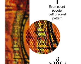 Autumn Bridge II - even peyote cuff beaded bracelet pattern; tutorial, pdf file, autumn jewelry, fall, leaves, landscape peyote, miyuki