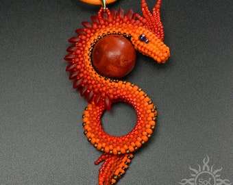 CAVRENOS II - orange red bronze dragon pendant with toho and miyuki seeds and red coral; unique gift, original, handmade, fantasy, fire