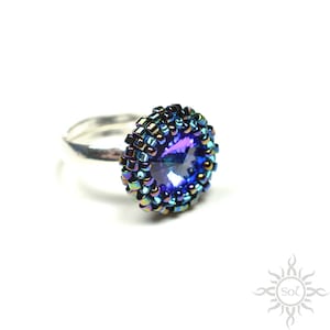 HELIOTROPE - purple beadwoven ring with toho seeds and Swarovski crystal on sterling silver band; unique, handmade jewelry, cocktail ring