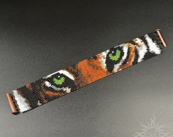 Auge des Tigers - dünne Version; Perlenarmband aus Peyote-Manschette mit Toho-Samen; einzigartiger handgemachter, originaler Sommerschmuck