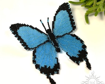 BLUE BUTTERFLY - broche de peyotl noir bleu perlé avec des graines de toho; bijoux uniques faits à la main, originaux, faits à la main, cadeau fait à la main