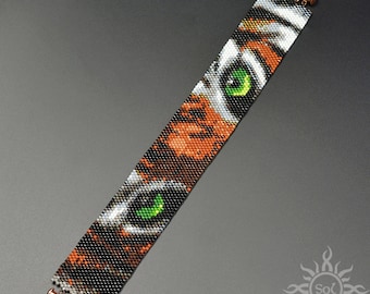 Eye Of The Tiger II - versión delgada; pulsera tejida con cuentas de peyote; único, original, verano, unisex, africano, etno, estilo selva