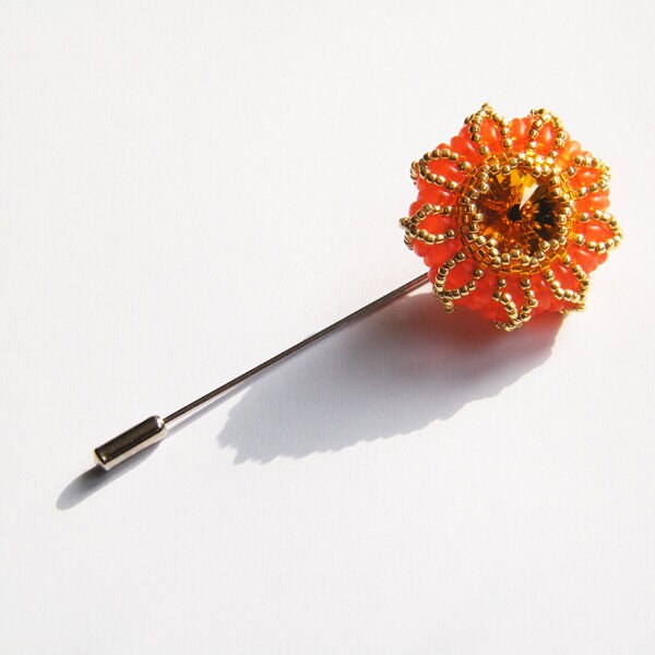 Vintage Brass Tone Gold Orange Rhinestones Summer Flower Pin Brooch - $13 -  From Jenns