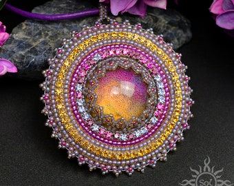 FORAR - embroidered lavender orange resin medallion on leather strap; handmade; mandala, romantic, OOAK, filigree, medallion, unique, pastel