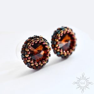 SMOKED TOPAZ - brown stud beaded earrings with toho and miyuki seeds and Swarovski crystals on sterling silver posts; earth tones