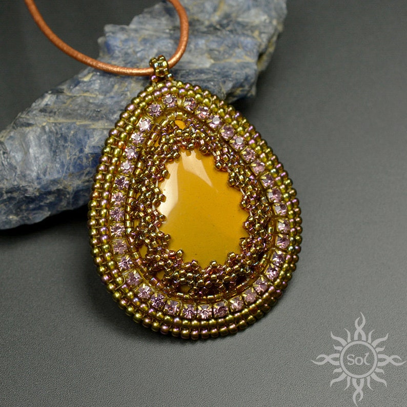 NIDHI embroidered amber mookaite teardrop pendant on leather strap romantic, unique, summer pendant, OOAK, filigree, autumn, handmade image 2