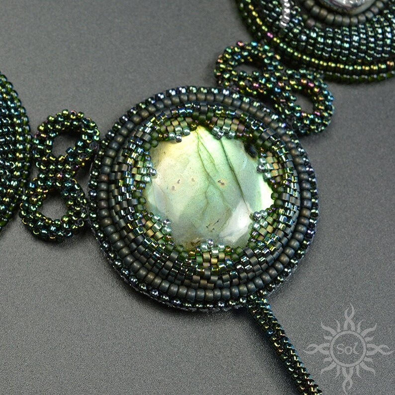 DRUID JEWEL green elvish embroidered necklace with labradorite, aura quartz and hematite beadwork unique OOAK free shipping image 6