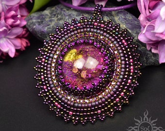 ADANCIME - embroidered purple old gold resin medallion on leather strap; handmade; mandala, romantic, OOAK, filigree, medallion, unique