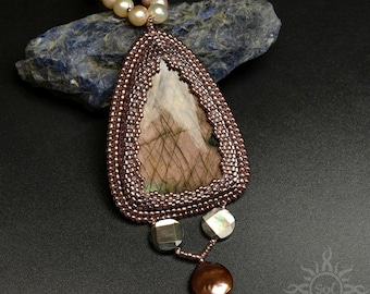 LALIM - pink peach embroidered pendant necklace with pink labradorite triangle; unique handmade, pastel jewelry, valentine's day; OOAK