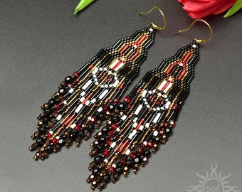 Inyocha - black red brown dangle beadwoven fringes earrings with toho and miyuki seeds on 24k gold plated earwires; summer jewelry, boho