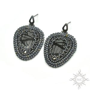 VESPERAM - embroidered gray graphite stud earrings with picasso jasper on sterling silver posts; autumn jewelry; handmade; halloween; OOAK